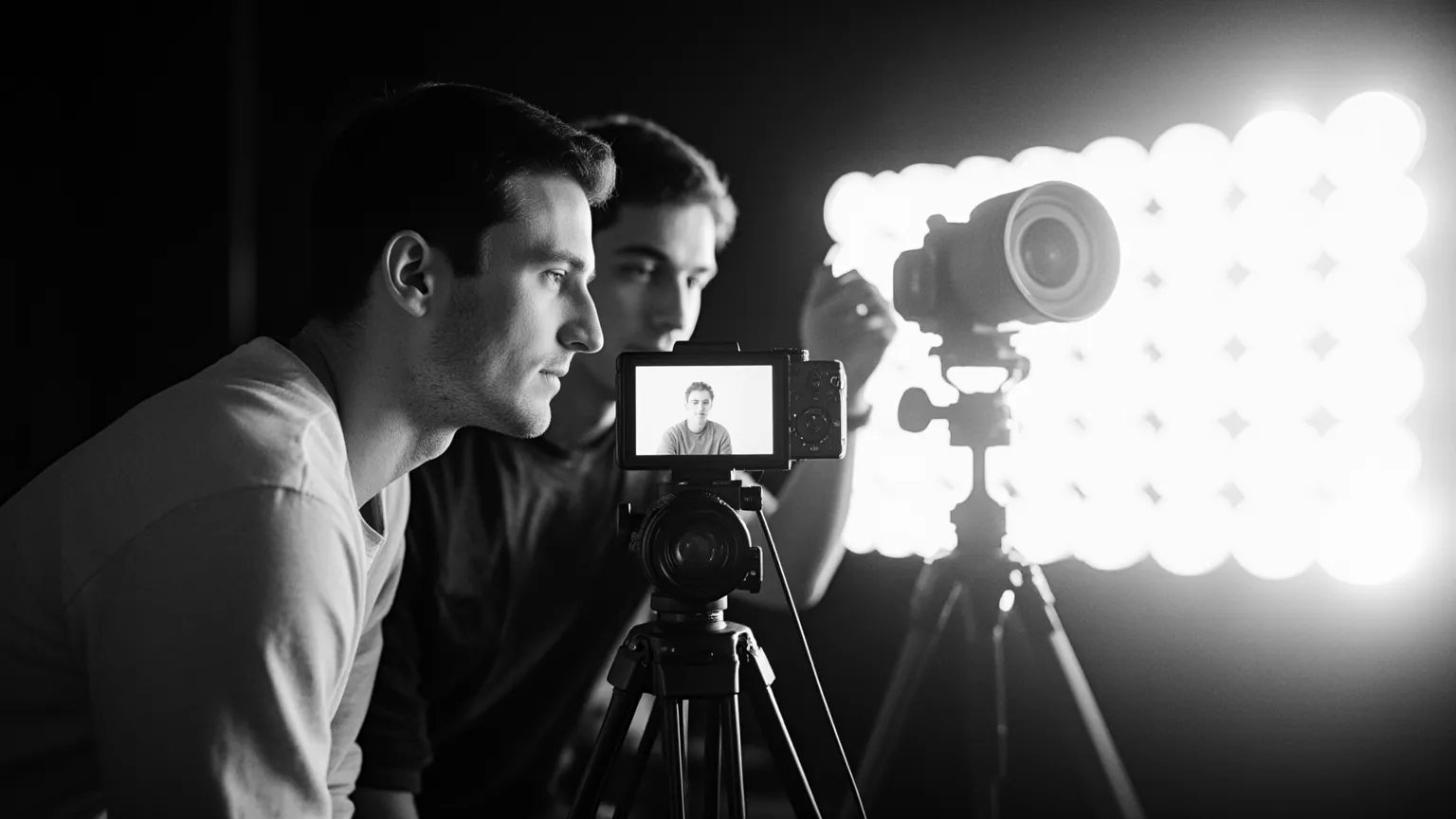 A creator and a producer reviewing footage on a camera monitor in a dark studio