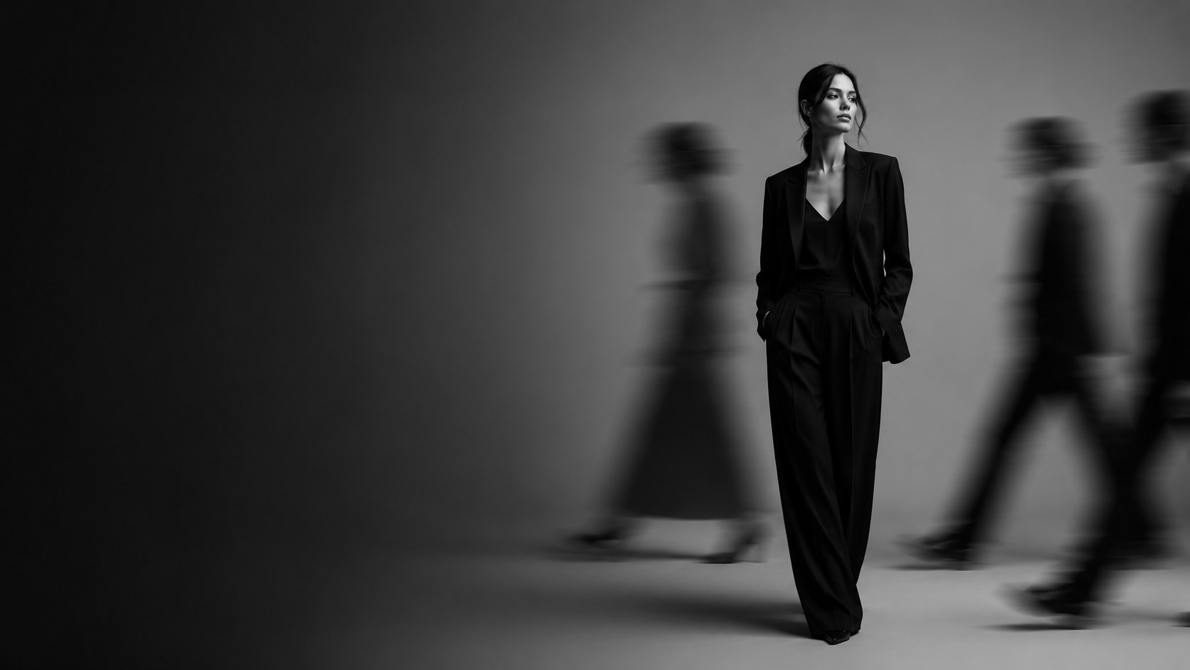 A woman in a black suit stands perfectly still while a blurred crowd rushes past her.