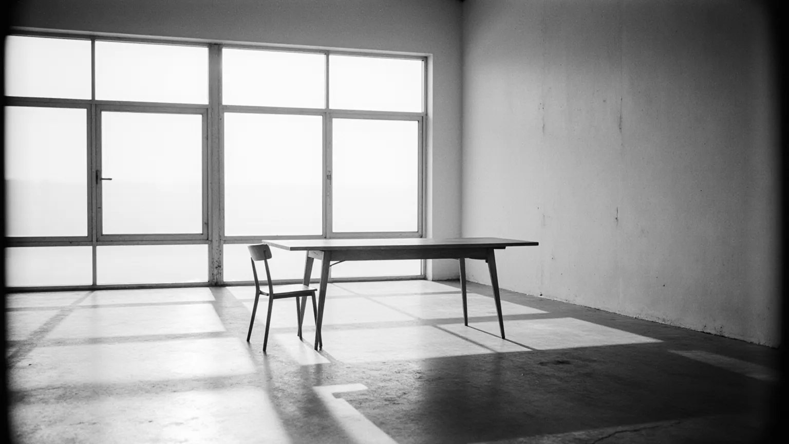 A minimal studio interior: a long table and a chair in dramatic window light